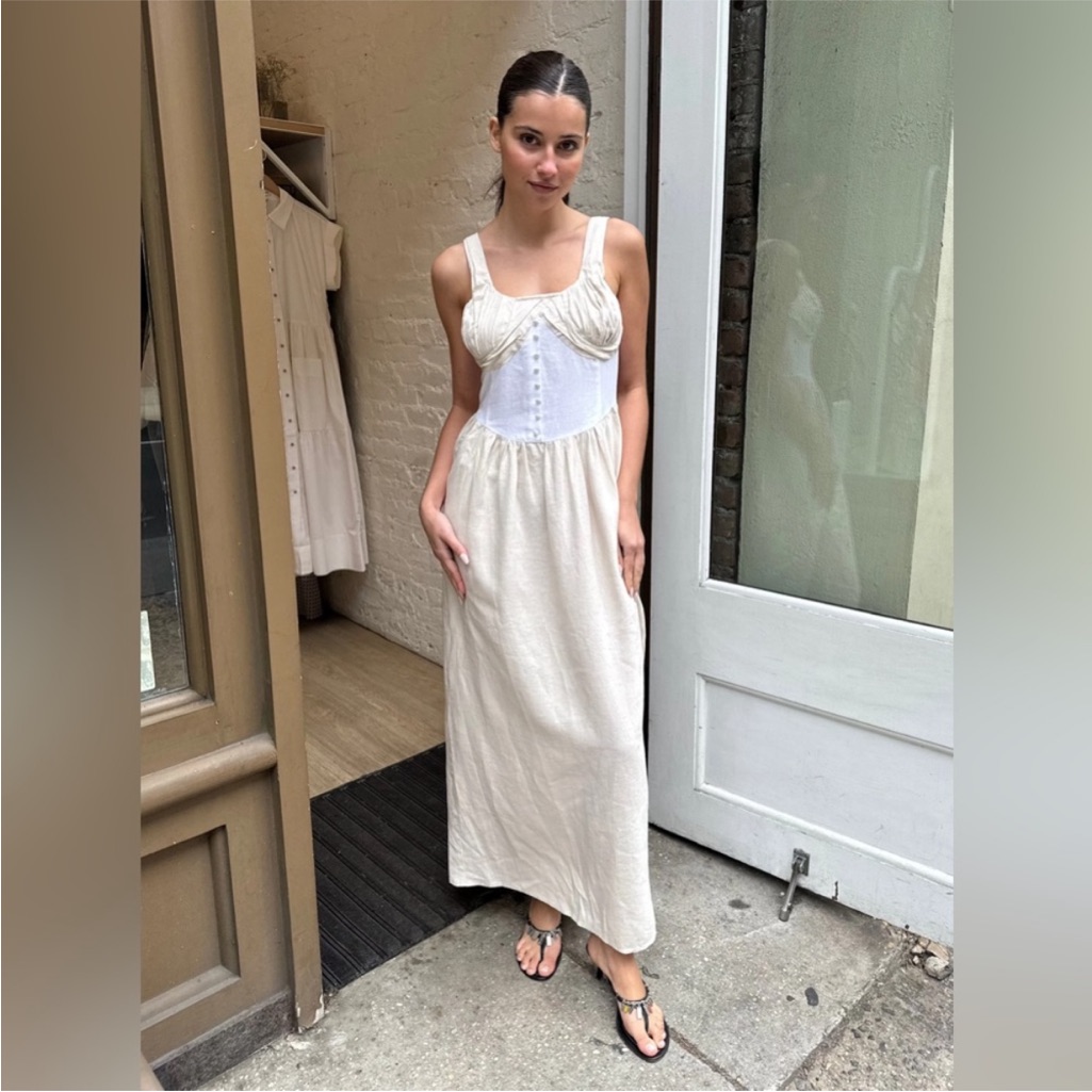 New Tach X Free People Bicolor Nasser Bustier Cottage Core Midi Linen Dress L
